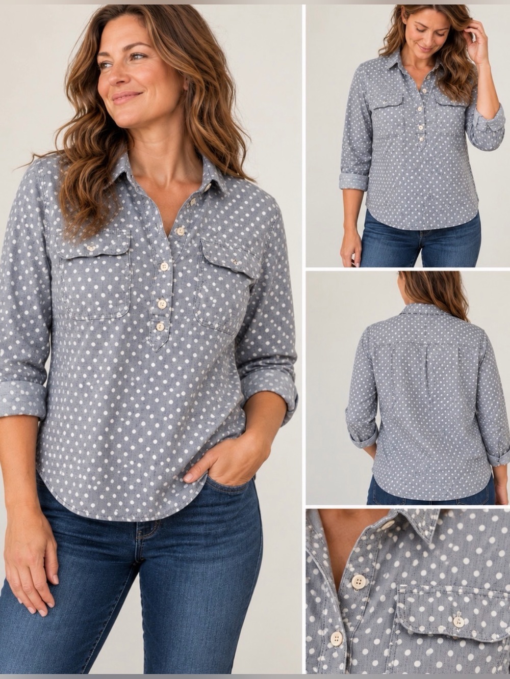 EUC Duluth Trading Company women’s dotted blue & white shirt